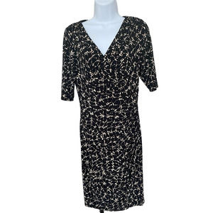 LAUREN RALPH LAUREN Faux Wrap Stretch Black Print Dress Sz 10 Short Sleeve Ruche